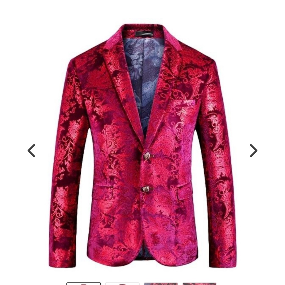 Men's Red Brocade Dinner Jacket - Elegant Patterned Blazer - Picture 2 of 9